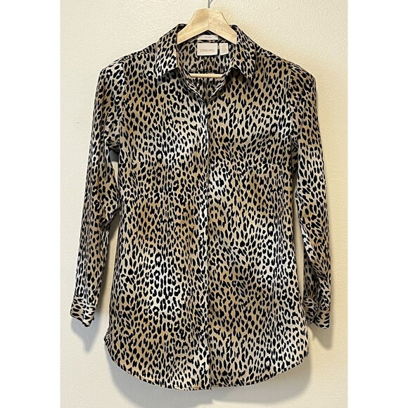 Chicos Womens No Iron Button Down Shirt Long Sleeve Leopard Print Size 0 US 4 - Picture 1 of 8